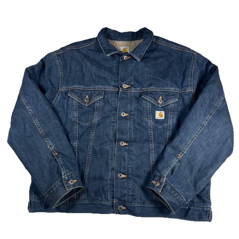 Carhartt Denim Trucker Jacket Mens 2XL Blue Sherpa Lined Workwear Coat 103845